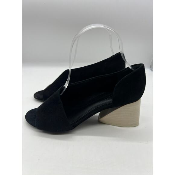 Mercedes Castillo Black Suede Cream Stacked Heel Slip On Peep Toe Shoe US 7 - Picture 3 of 11